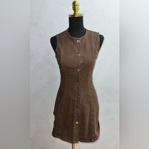 Sleeveless Brown Button-Front Denim Dress